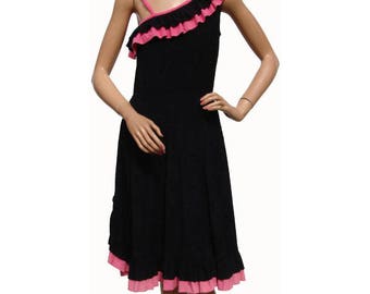 1970s Disco Dress Black & Pink with Ruffles - One Shoulder - S - VFG