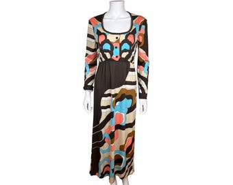 Vintage 1970s Mod Maxi Dress by Paganne Gene Berk Psych Print Size M 8