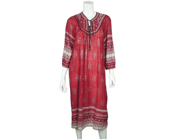 Vintage 1970s Indian Cotton Gauze Dress Red Block