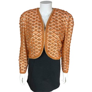 Vintage 1980s Beaded Jacket Silver Lamé Evening Wear Size L - VFG