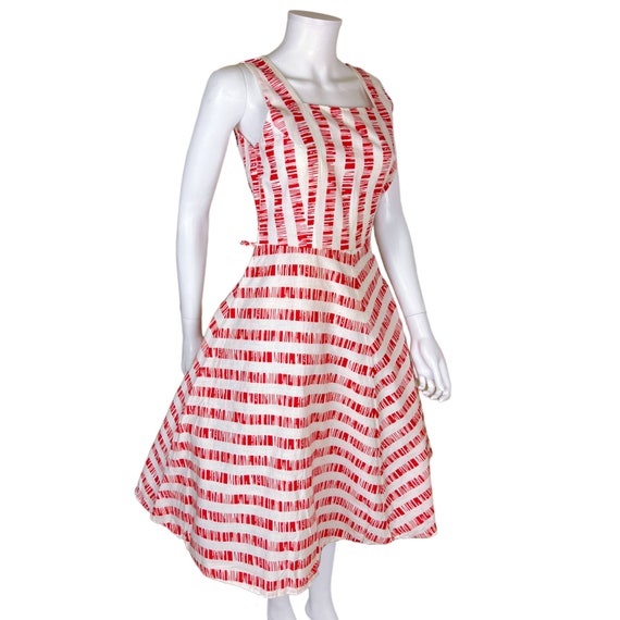 Vintage 1950s Cotton Day Dress Red Striped Patter… - image 3
