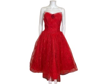 Vintage 1950s Red Tulle Ball Gown Strapless Prom Dress Size M - Prom Dress