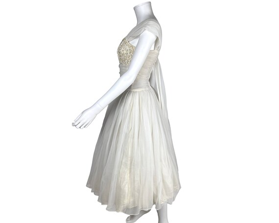 Vintage 50s Party Dress White Nylon Chiffon w Seq… - image 4