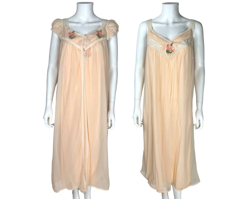 Vintage 1960s Negligee Nylon Peignoir Set Nightie & Robe Peach Size M VFG image 1