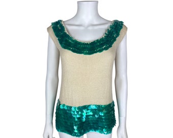 Vintage 1960s Green Sequinned Knit Top Ladies Size M - VFG
