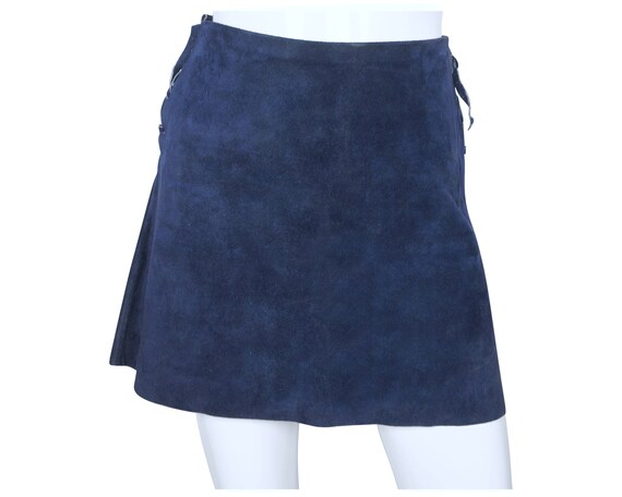 Vintage 60s Micro Mini Skirt Blue Suede Leather L… - image 3