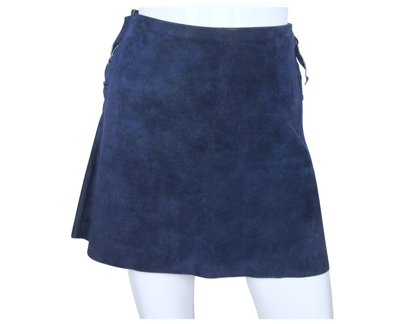 Vintage 60s Micro Mini Skirt Blue Suede Leather Lace Up Sz M VFG image 3