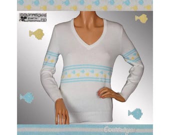 Vintage 1970s Courreges Paris Fish Pattern Sweater Cotton Knit Size S