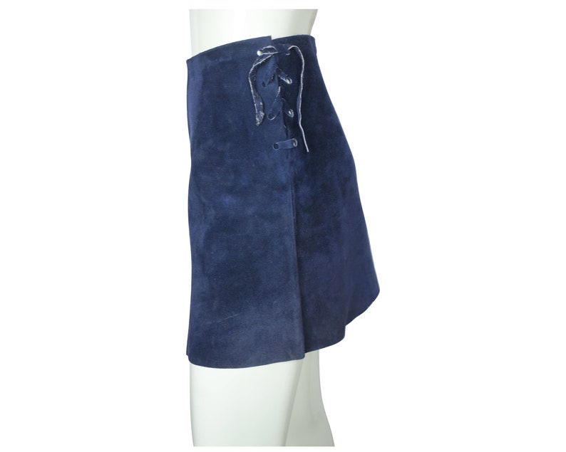 Vintage 60s Micro Mini Skirt Blue Suede Leather Lace Up Sz M VFG image 2
