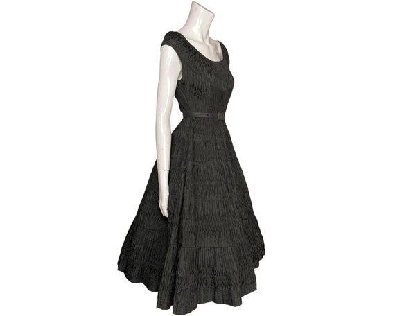 Vintage 1950s Taffeta Dress Ruched Black w Crinol… - image 3