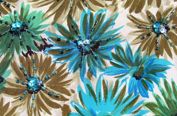 Vintage 1950s Blue and Green Floral Print Silk Dr… - image 6