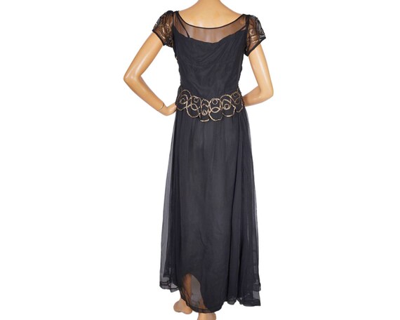 Vintage 1930s Evening Gown Black Tulle with Gold … - image 3