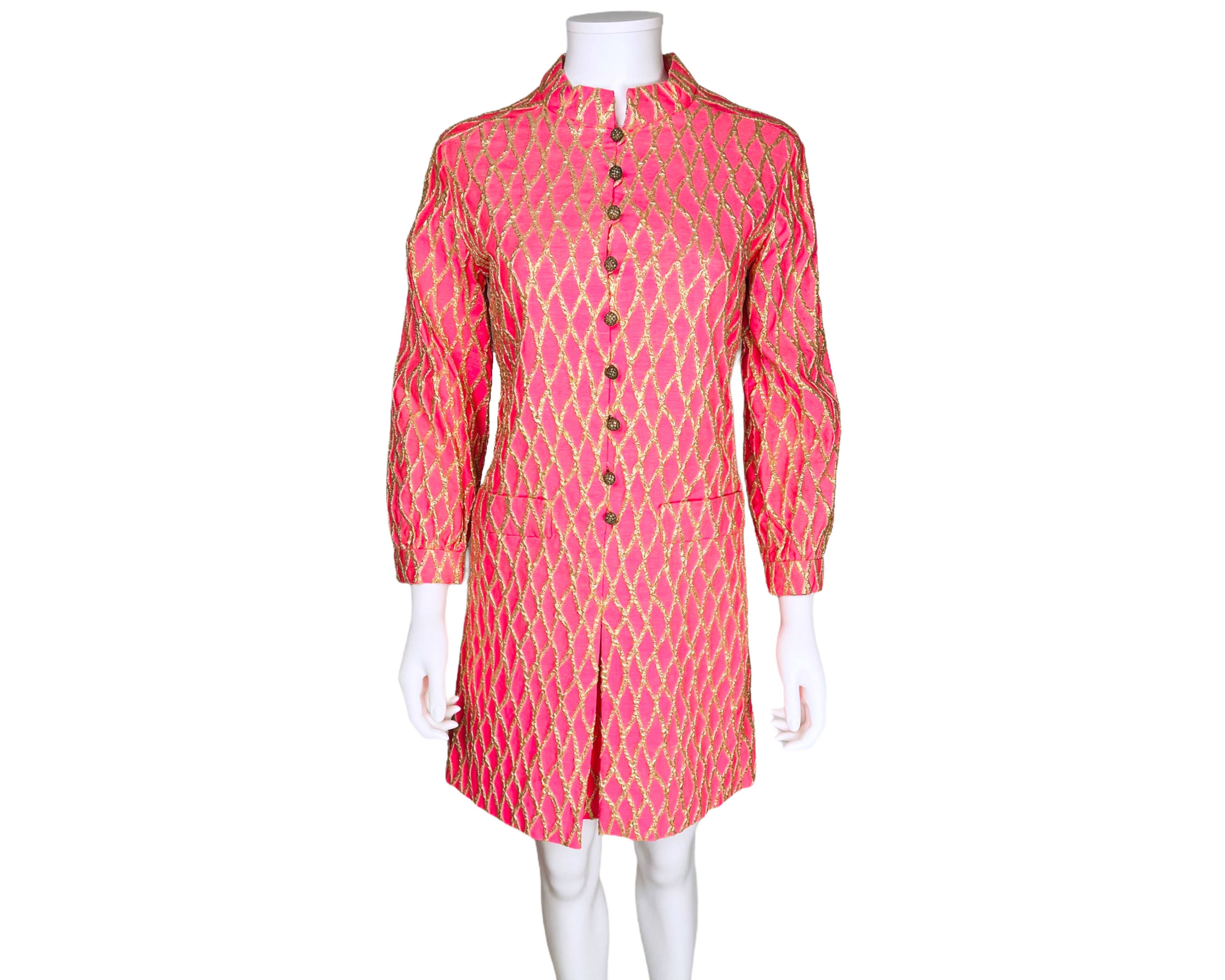 Vintage 1960s Mod Mini Dress Pink & Metallic Gold Made in France - VFG
