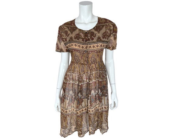 Vintage 1970s Indian Gauze Cotton Dress Elephant … - image 1