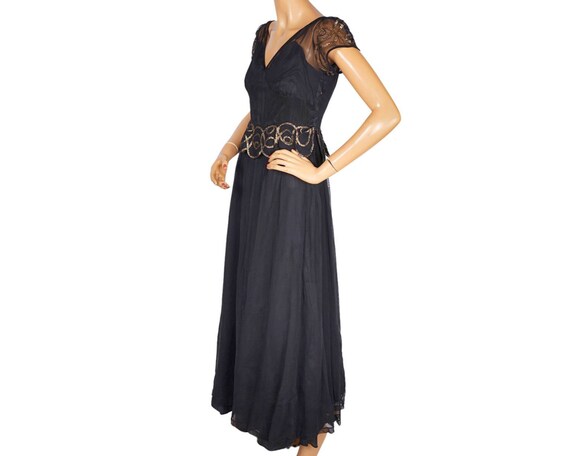 Vintage 1930s Evening Gown Black Tulle with Gold … - image 2