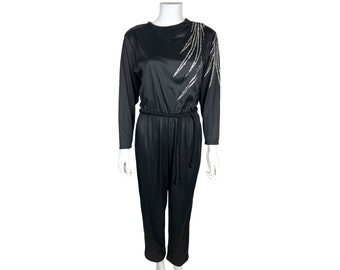 Vintage 1970s Disco Jumpsuit Black w Silver Glitter Decoration VFG - L