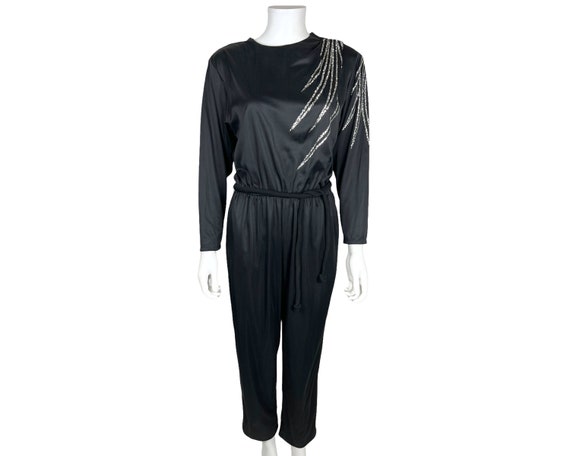 Vintage 1970s Disco Jumpsuit Black w Silver Glitt… - image 1