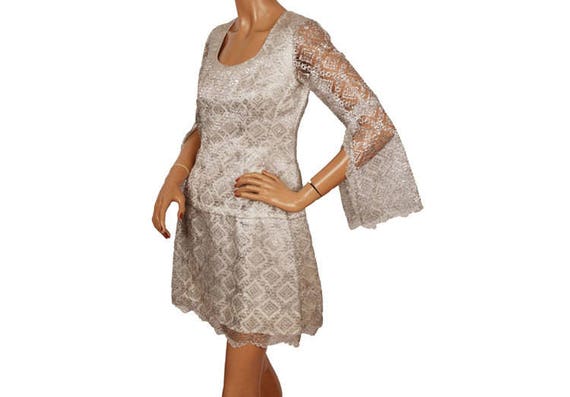 Vintage 1960s Silver Lace Mini Dress  with Angel … - image 1