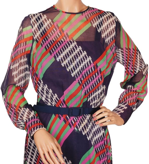 Vintage 1960s Organza Dress - Striped Geometric S… - image 4