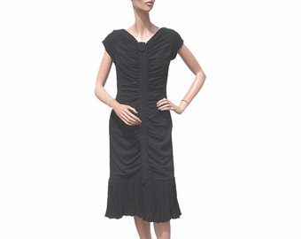 1950s Black Crepe Dress, Ruched and Pleated - Film Noir - Size M