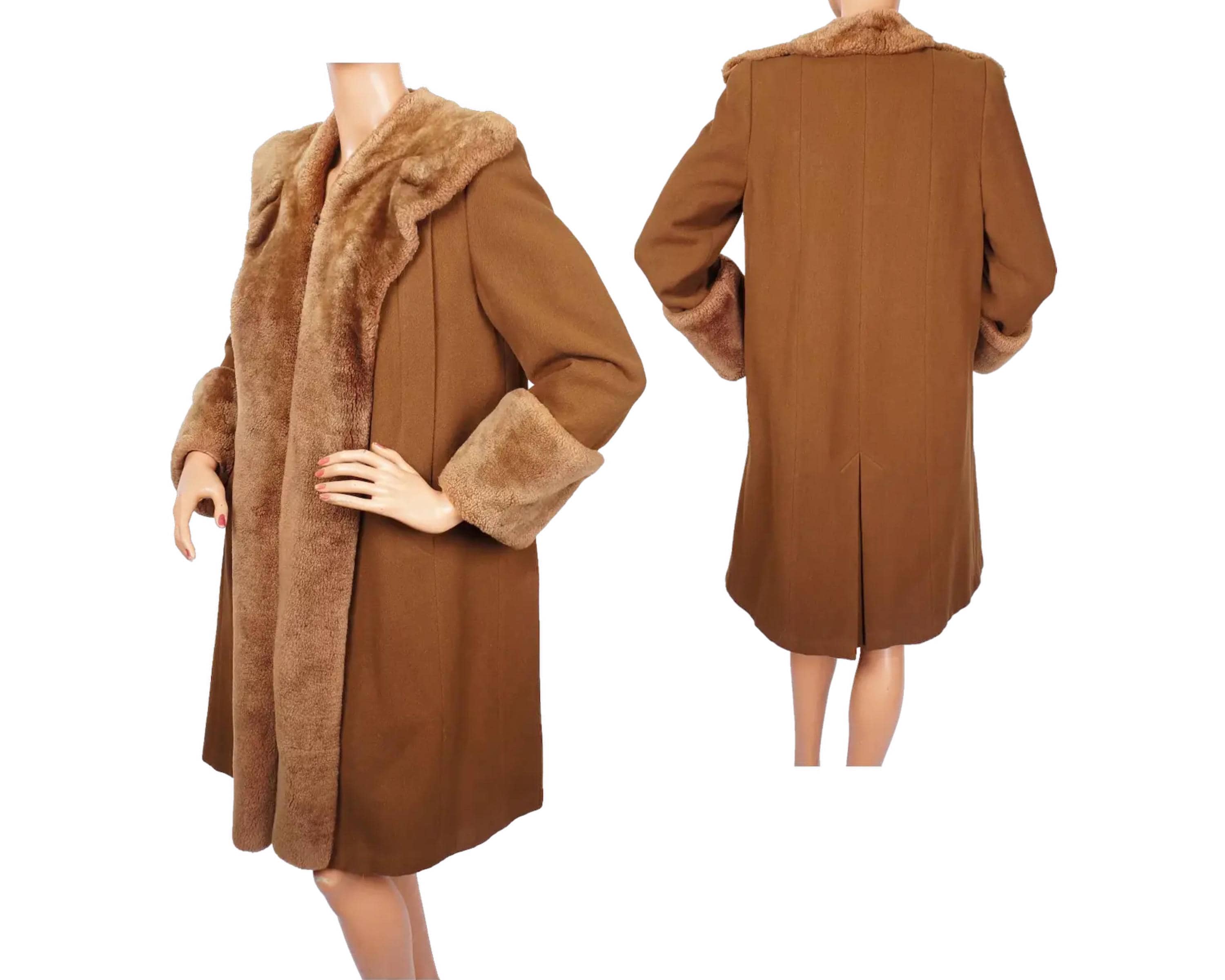 Vintage 1940s Swing Era Coat Brown Wool With Shearling Lamb Trim