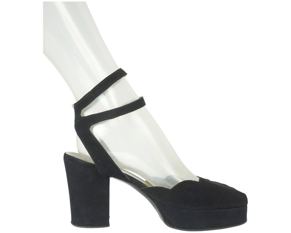 Vintage 70s Platform Shoes Black Suede T Elliott U