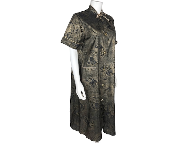 Vintage 1950s Morsam House Dress Gold Asian Print… - image 3