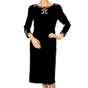 Vintage 1960s Beaded Black Velvet Cocktail Party Dress w Low Back