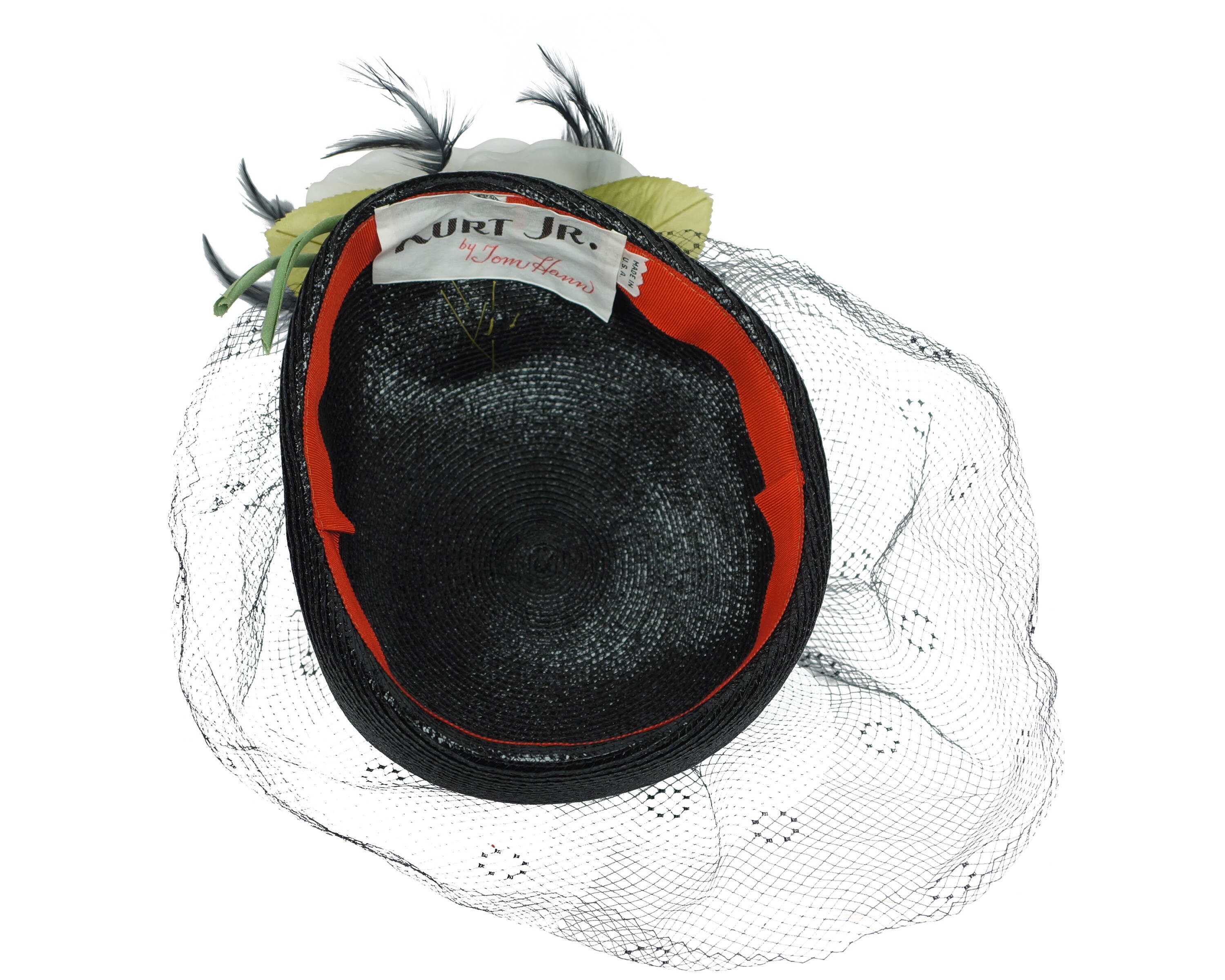 Kurt Jr By Tom Hann Vintage Straw Hat Black Flower Bow Accent Statement Church VINTAGE Kurt Jr Tom Hann BIG BOW Beige /Dark Rose RETRO USA  main image 2