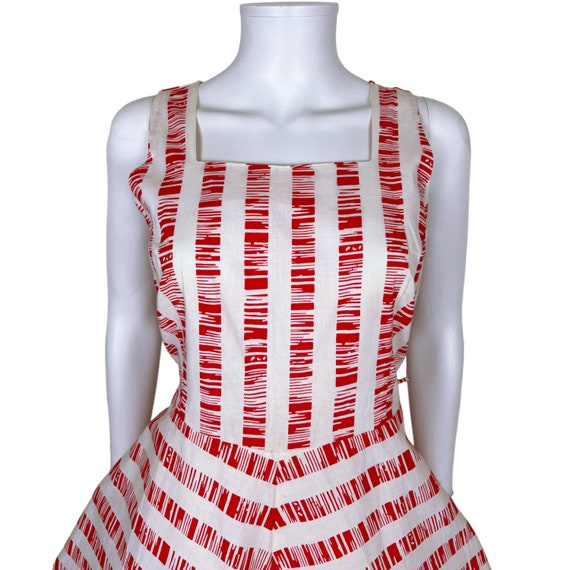 Vintage 1950s Cotton Day Dress Red Striped Patter… - image 4