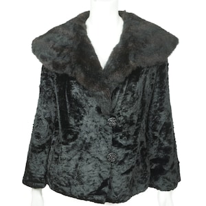Vintage 1950s Black Velvet Faux Fur Jacket Size M - VFG
