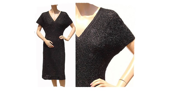 Vintage 1950s Black Wool Knit Dress with Embroide… - image 1