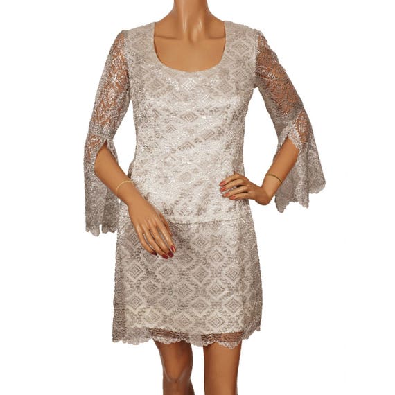 Vintage 1960s Silver Lace Mini Dress  with Angel … - image 2