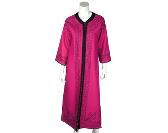 Vintage Moroccan Caftan Djellaba Magenta Wool Robe Coat Size M