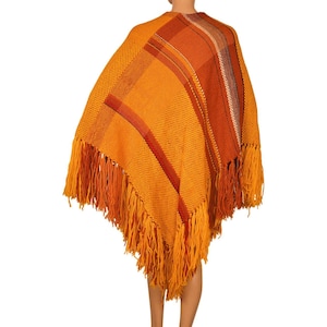 Vintage 1970s Orange Hand Loomed Wool Poncho Cape