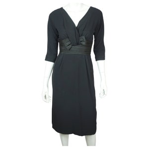 Vintage 1950s Black Crepe Cocktail Wiggle Dress with Taffeta Waist & Bow Sz S - VFG