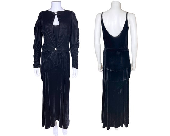 Vintage 1930s Black Velvet Dress with Jacket w Pe… - image 1