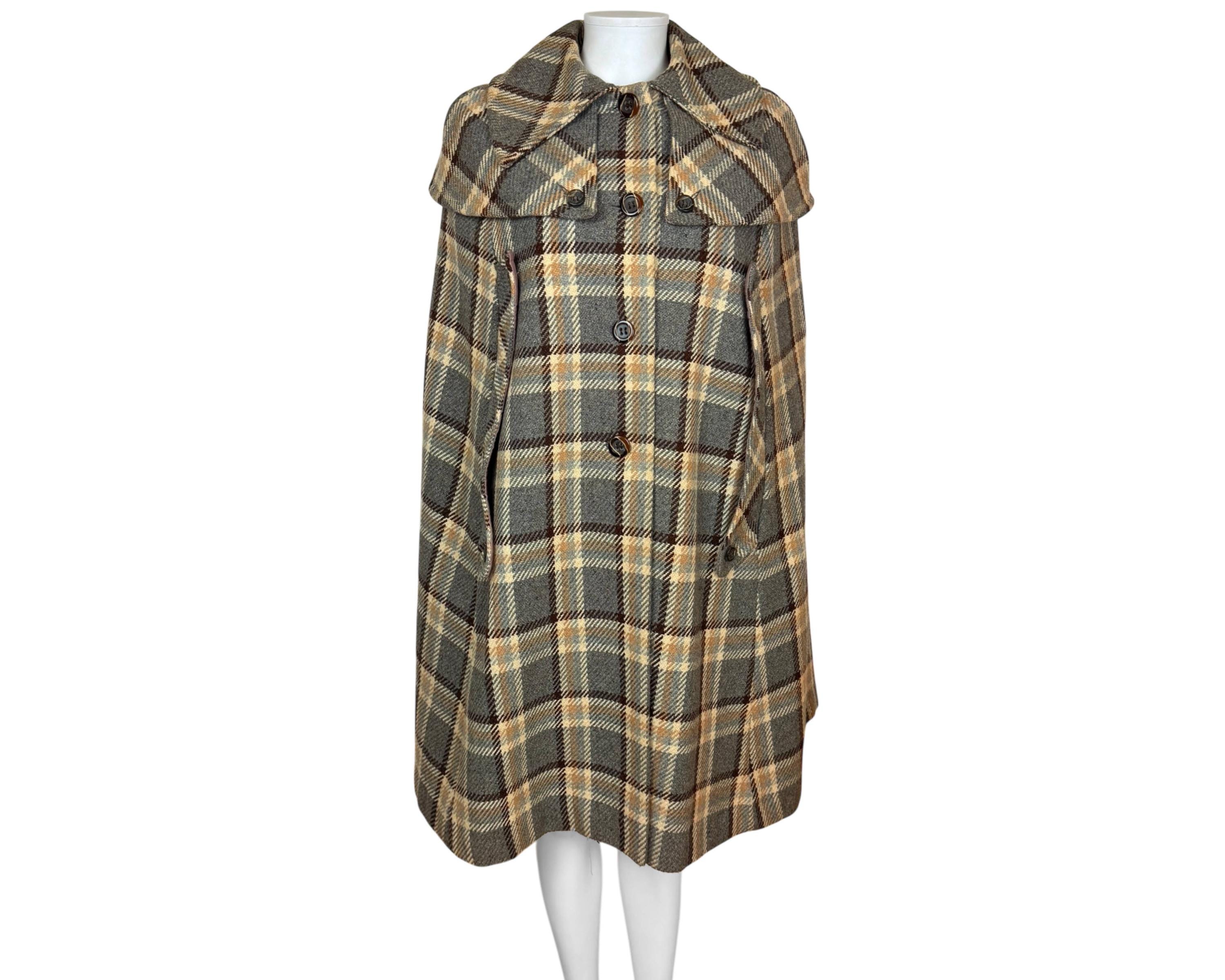 Vintage 1970s Marielle Fleury Cape Coat Rainmaster Plaid Tweed