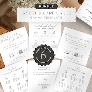 May include: A set of six insert and care cards with a Canva template, providing instructions for sourdough bread, cookies, and cake. The cards are white with black text and illustrations, and include a thank you message. A box of chocolate chip cookies is also visible.