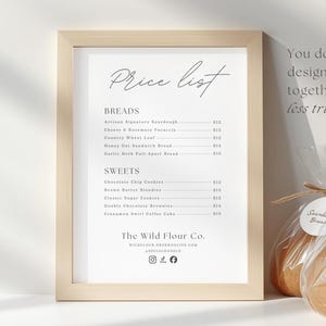 Lista de precios de panadería casera, para mercado de agricultores, letrero de productos horneados, exhibición de pan, comida, mermeladas, dulces, plantilla editable de Canva 001