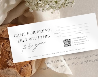 Minimal Bakery Gift Certificate, Sourdough Bread Voucher, EDITABLE Canva Template, Thank You Card, QR Code, Happy Birthday Cake Business 001
