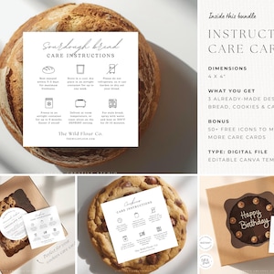 May include: A digital file bundle featuring care instructions for bread, cookies, and cake. The image includes a loaf of sourdough bread, a chocolate chip cookie, and a chocolate cake. The care instructions are on 4x4 inch cards.