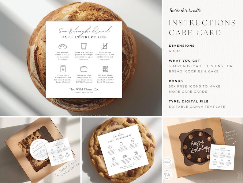 May include: A digital file bundle featuring care instructions for bread, cookies, and cake. The image includes a loaf of sourdough bread, a chocolate chip cookie, and a chocolate cake. The care instructions are on 4x4 inch cards.