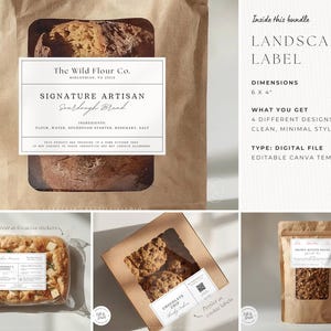 May include: A collection of product labels with a minimalist design. One label is on a brown paper bag with sourdough bread. Other labels are on focaccia, chocolate chip cookies, and granola. The labels are digital files and editable templates.