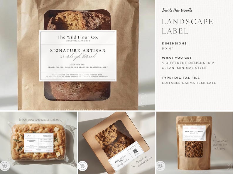 May include: A collection of product labels with a minimalist design. One label is on a brown paper bag with sourdough bread. Other labels are on focaccia, chocolate chip cookies, and granola. The labels are digital files and editable templates.