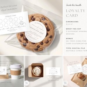 May include: A digital file bundle featuring loyalty card designs. The image showcases a chocolate chip cookie, a coffee cup, a cupcake, and bread, each paired with a loyalty card. The cards are 3.5 x 2 inches and have a minimalist design. The bundle includes 3 designs and 20+ free icons.