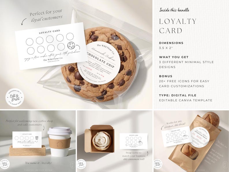 May include: A digital file bundle featuring loyalty card designs. The image showcases a chocolate chip cookie, a coffee cup, a cupcake, and bread, each paired with a loyalty card. The cards are 3.5 x 2 inches and have a minimalist design. The bundle includes 3 designs and 20+ free icons.