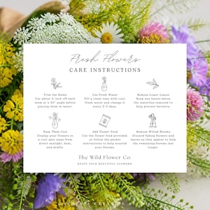 May include: A white rectangular card featuring black text and line art icons titled Fresh Flowers CARE INSTRUCTIONS. It provides six steps for flower maintenance, including trimming stems by 0.5 inches, using fresh water, and removing wilted blooms.