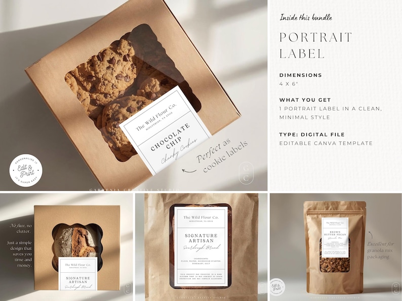May include: A collection of food packaging labels with the text "The Wild Flour Co." and product descriptions. The labels are on boxes and bags containing cookies, bread, and granola. The labels are 4 x 6 inches and are a digital file.