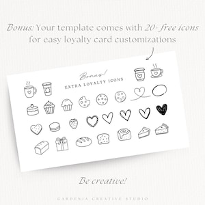 K&ouml;nnte beinhalten: Eine wei&szlig;e Karte mit schwarzen Strichzeichnungen von Symbolen, darunter Kaffeetassen, Kekse und Herzen. Der Text auf der Karte lautet "Bonus! Extra Loyalty Icons" und "Be creative!" mit zus&auml;tzlichem Text dar&uuml;ber.